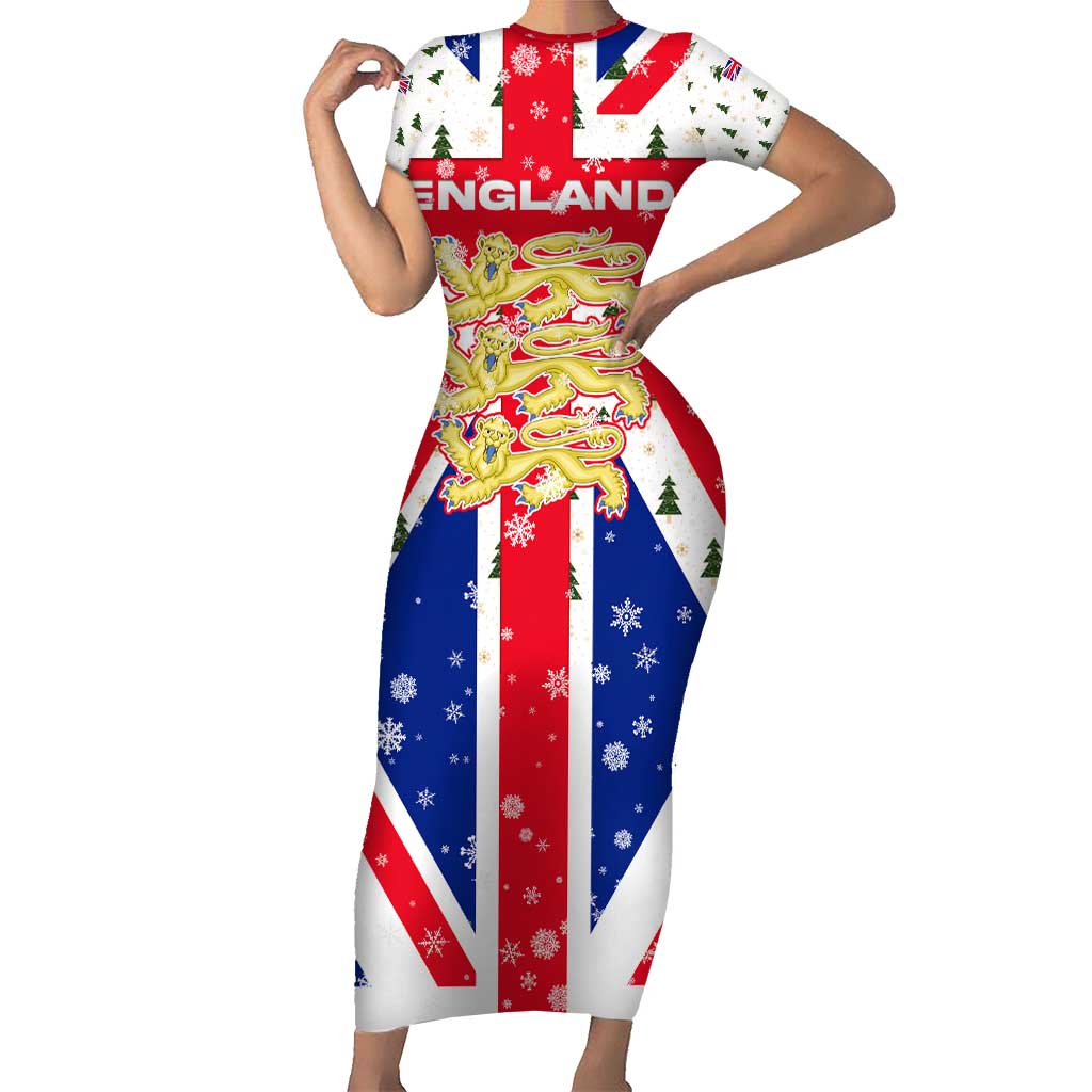 England Christmas Short Sleeve Bodycon Dress with Red White Blue Santa Bus Tree and Three Lions Design - undefined