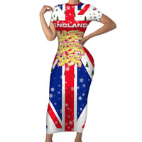 England Christmas Short Sleeve Bodycon Dress with Red White Blue Santa Bus Tree and Three Lions Design - undefined