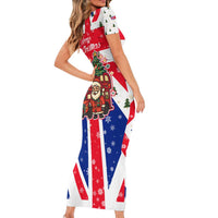 England Christmas Short Sleeve Bodycon Dress with Red White Blue Santa Bus Tree and Three Lions Design - undefined