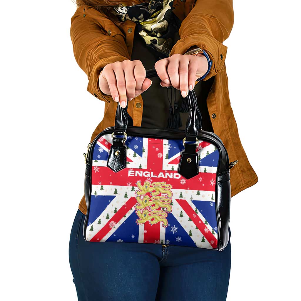 England Christmas Shoulder Handbag with Red White Blue Santa Bus Tree and Three Lions Design - Wonder Print Shop