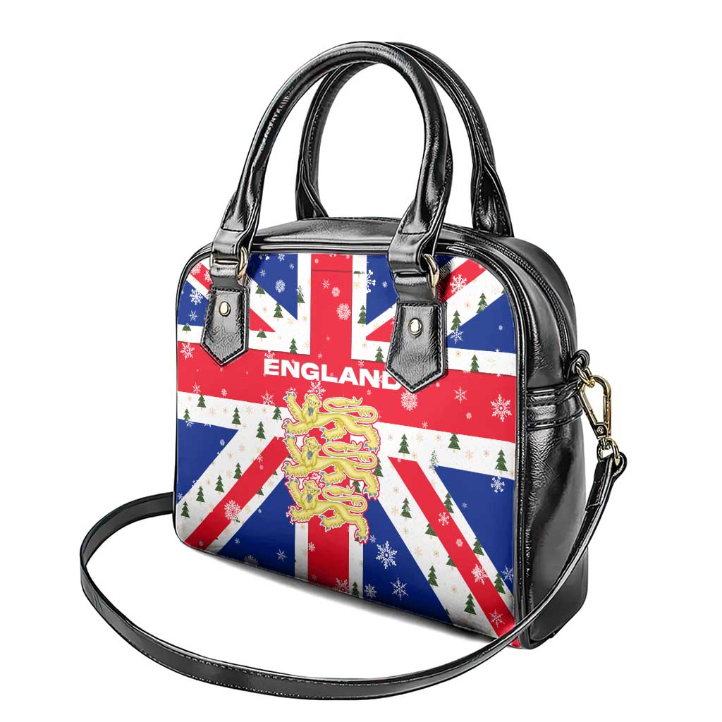 England Christmas Shoulder Handbag with Red White Blue Santa Bus Tree and Three Lions Design - Wonder Print Shop