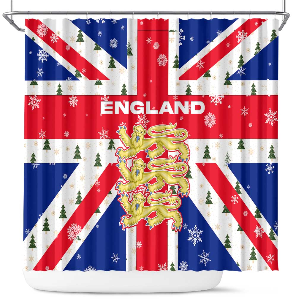 England Christmas Shower Curtain with Red White Blue Santa Bus Tree and Three Lions Design - Wonder Print Shop