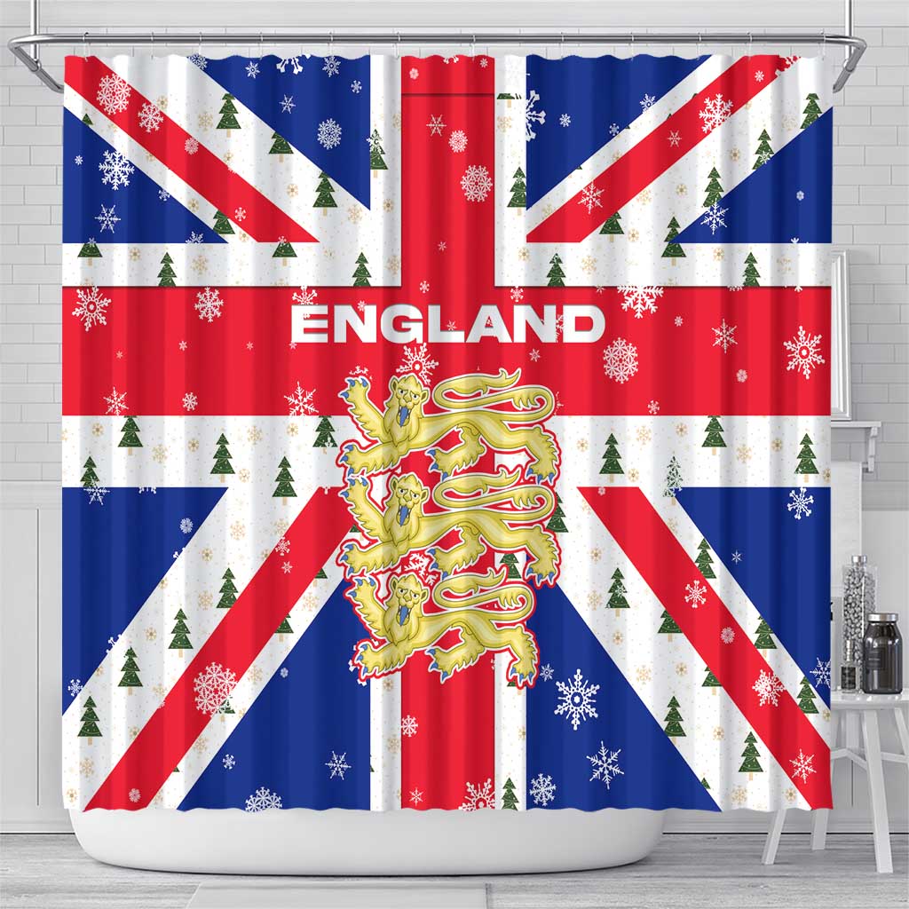 England Christmas Shower Curtain with Red White Blue Santa Bus Tree and Three Lions Design - Wonder Print Shop