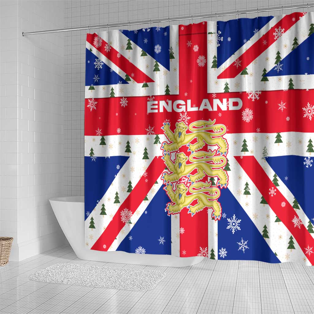 England Christmas Shower Curtain with Red White Blue Santa Bus Tree and Three Lions Design - Wonder Print Shop