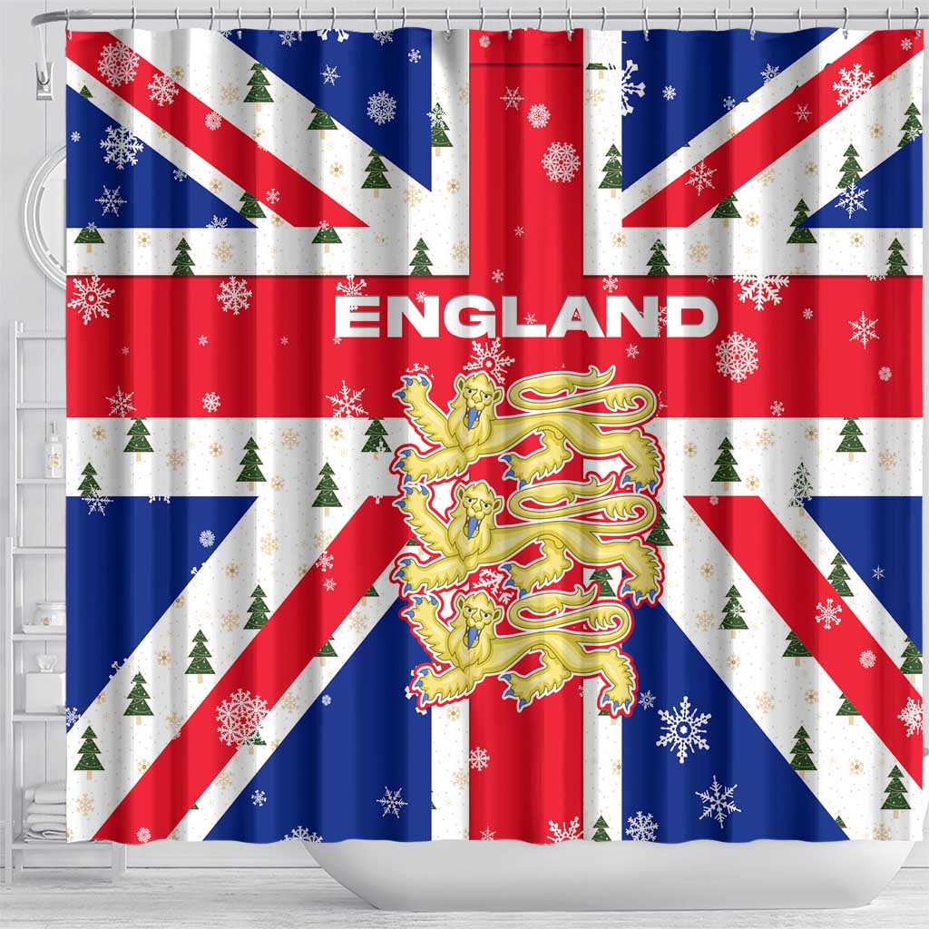 England Christmas Shower Curtain with Red White Blue Santa Bus Tree and Three Lions Design - Wonder Print Shop