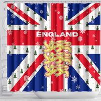 England Christmas Shower Curtain with Red White Blue Santa Bus Tree and Three Lions Design - Wonder Print Shop