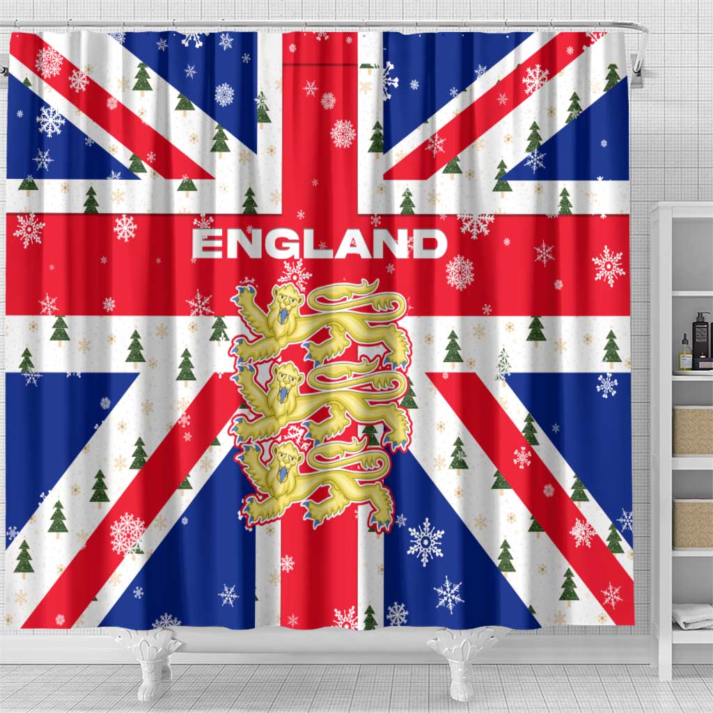 England Christmas Shower Curtain with Red White Blue Santa Bus Tree and Three Lions Design - Wonder Print Shop