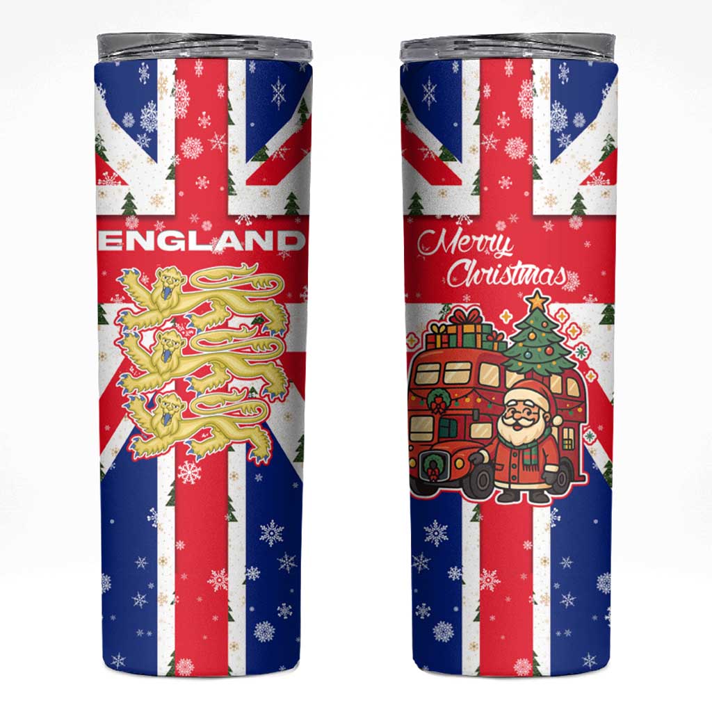 England Christmas Skinny Tumbler with Red White Blue Santa Bus Tree and Three Lions Design - Wonder Print Shop