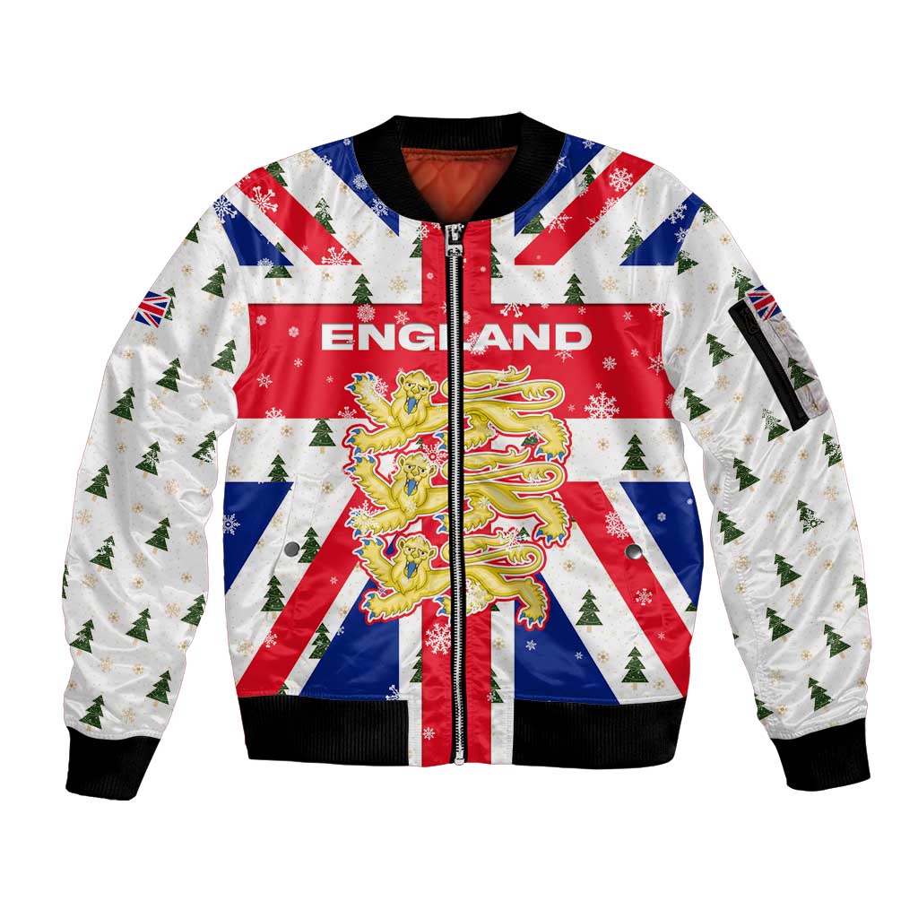 England Christmas Sleeve Zip Bomber Jacket with Red White Blue Santa Bus Tree and Three Lions Design - Wonder Print Shop