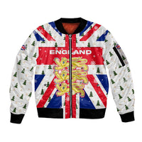 England Christmas Sleeve Zip Bomber Jacket with Red White Blue Santa Bus Tree and Three Lions Design - Wonder Print Shop