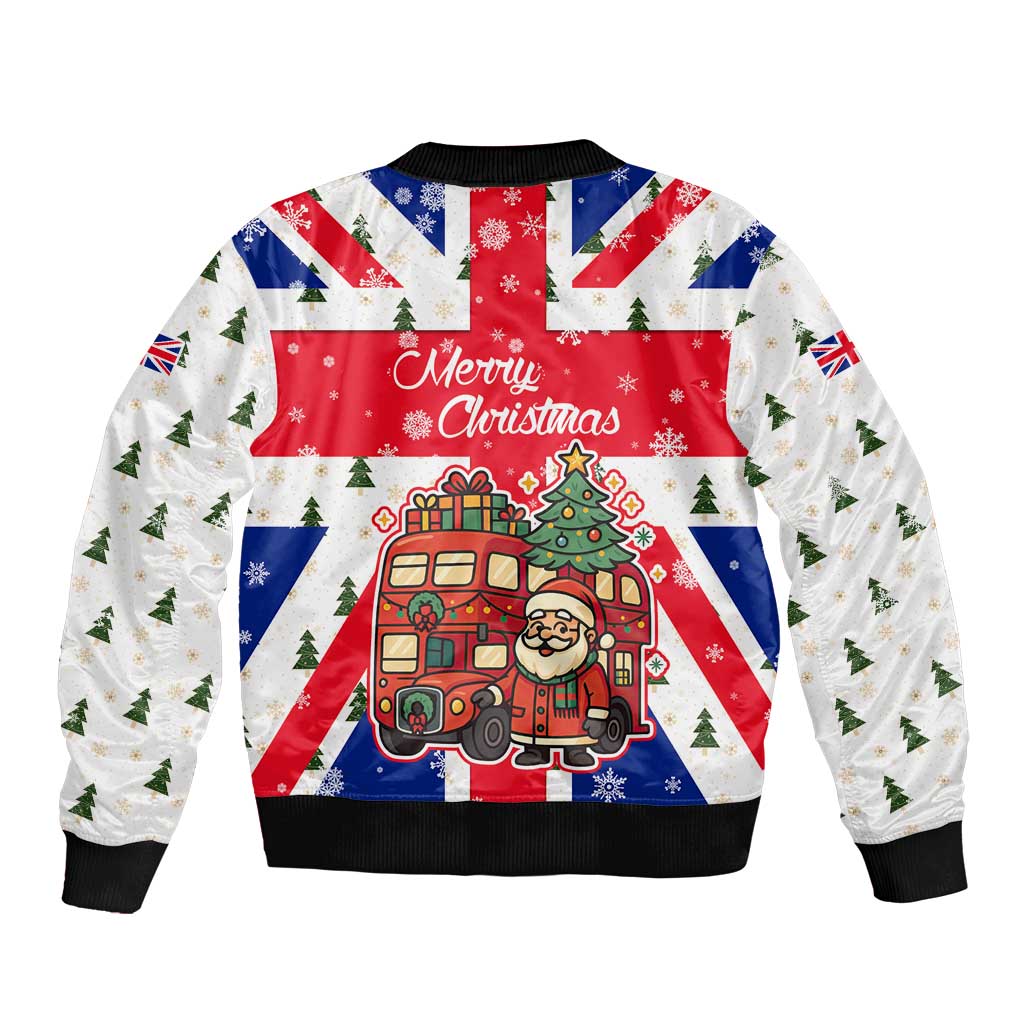 England Christmas Sleeve Zip Bomber Jacket with Red White Blue Santa Bus Tree and Three Lions Design - Wonder Print Shop