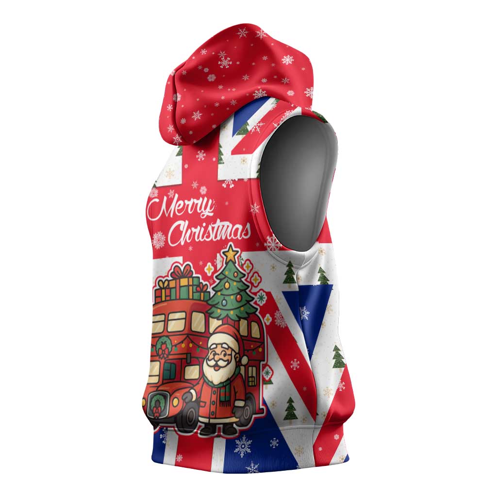 England Christmas Sleeveless Hoodie with Red White Blue Santa Bus Tree and Three Lions Design - Wonder Print Shop