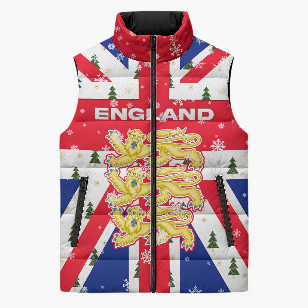 England Christmas Sleeveless Puffer Jacket with Red White Blue Santa Bus Tree and Three Lions Design - Wonder Print Shop