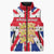 England Christmas Sleeveless Puffer Jacket with Red White Blue Santa Bus Tree and Three Lions Design - Wonder Print Shop