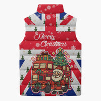 England Christmas Sleeveless Puffer Jacket with Red White Blue Santa Bus Tree and Three Lions Design - Wonder Print Shop
