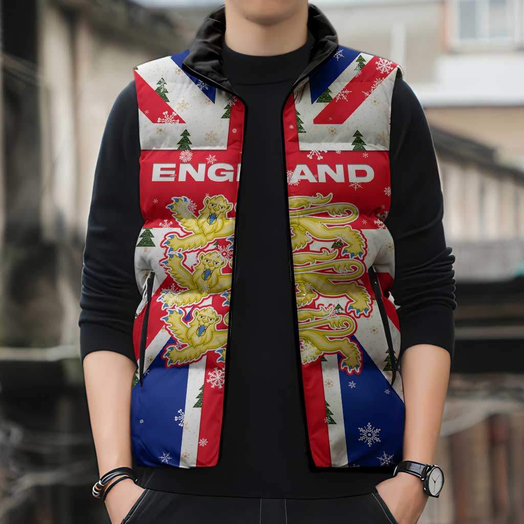 England Christmas Sleeveless Puffer Jacket with Red White Blue Santa Bus Tree and Three Lions Design - Wonder Print Shop