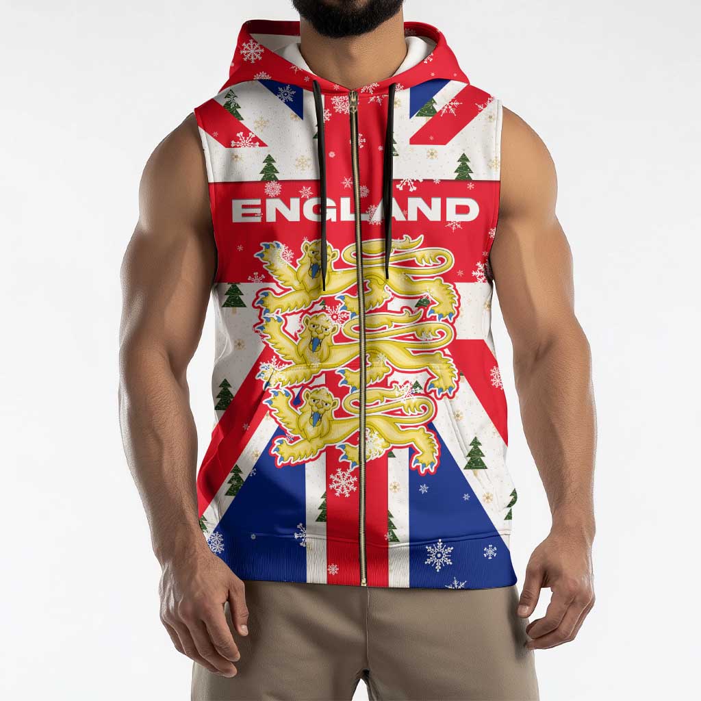England Christmas Sleeveless Zip Hoodie with Red White Blue Santa Bus Tree and Three Lions Design - Wonder Print Shop