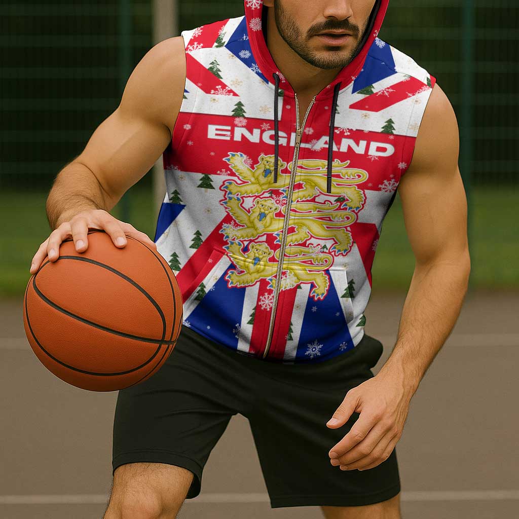 England Christmas Sleeveless Zip Hoodie with Red White Blue Santa Bus Tree and Three Lions Design - Wonder Print Shop