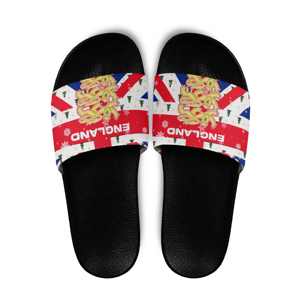 England Christmas Slide Sandals with Red White Blue Santa Bus Tree and Three Lions Design - Wonder Print Shop