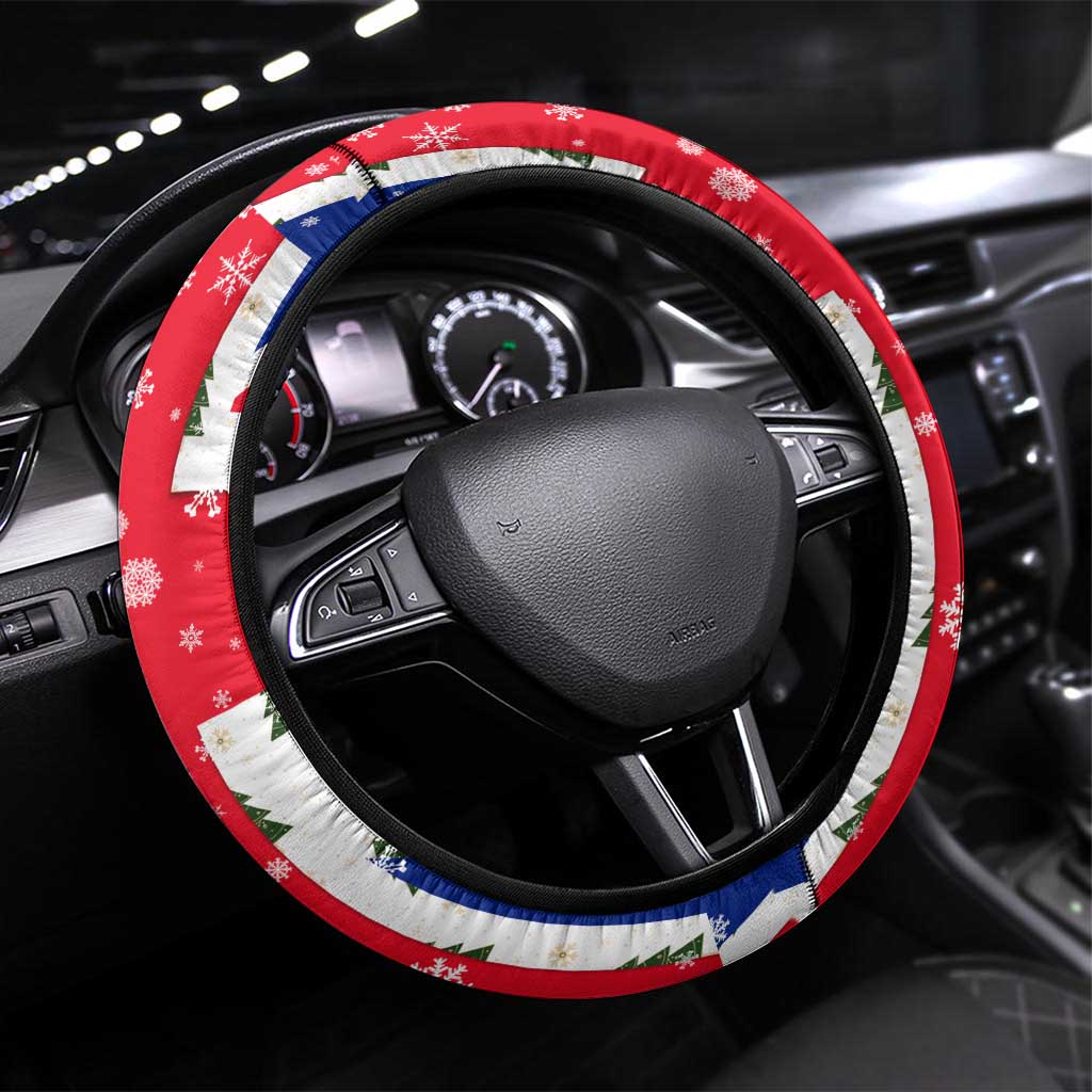 England Christmas Steering Wheel Cover with Red White Blue Santa Bus Tree and Three Lions Design - Wonder Print Shop