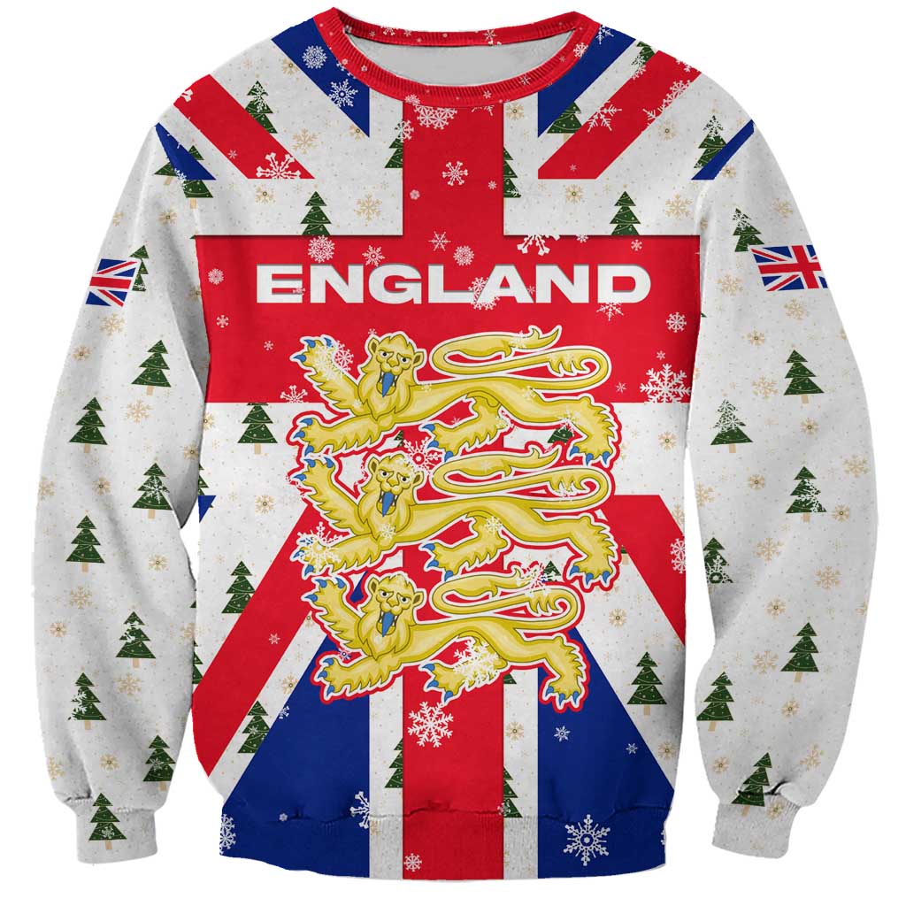 England Christmas Sweatshirt with Red White Blue Santa Bus Tree and Three Lions Design - Wonder Print Shop