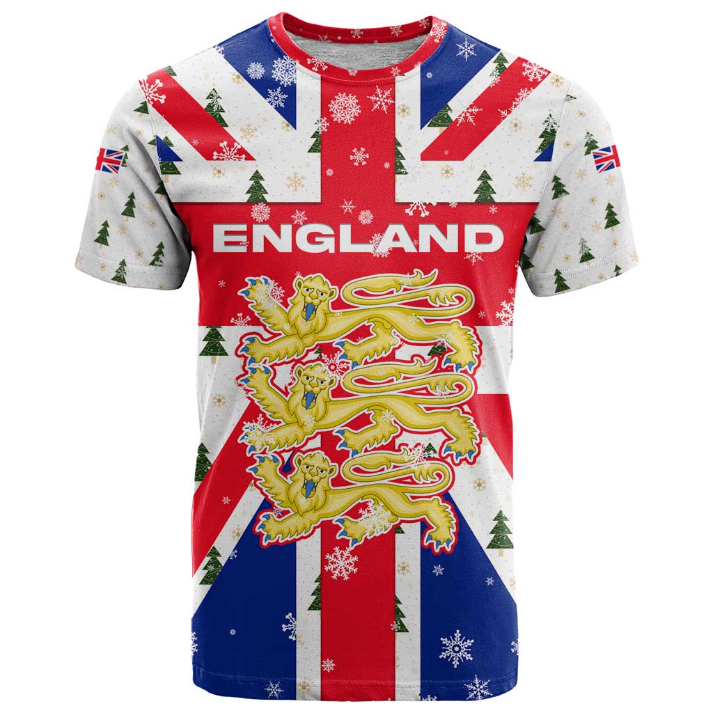 England Christmas T Shirt with Red White Blue Santa Bus Tree and Three Lions Design - Wonder Print Shop