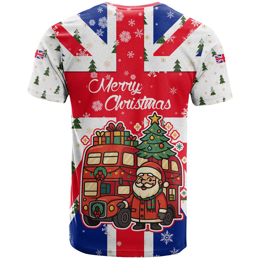 England Christmas T Shirt with Red White Blue Santa Bus Tree and Three Lions Design - Wonder Print Shop