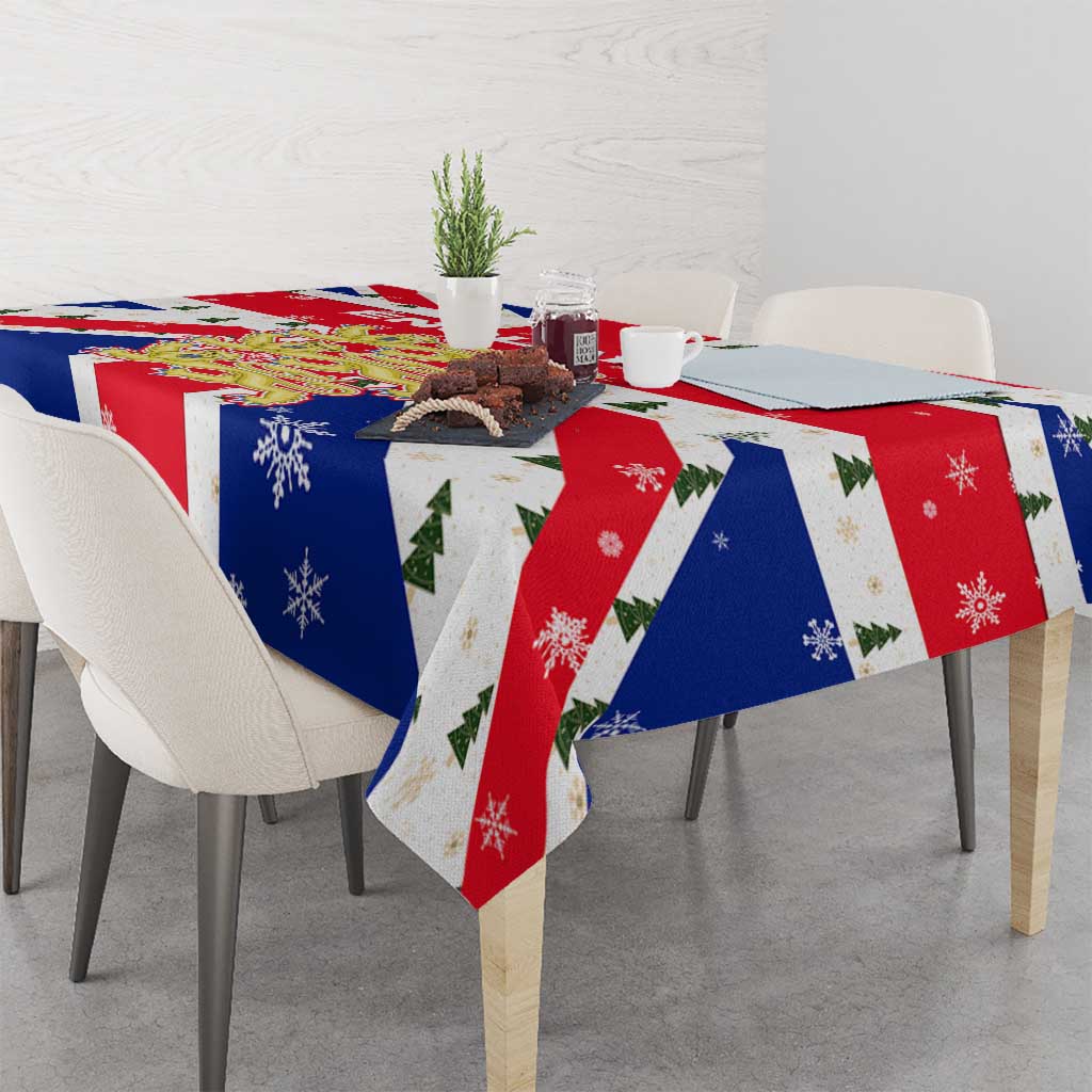 England Christmas Tablecloth with Red White Blue Santa Bus Tree and Three Lions Design - Wonder Print Shop