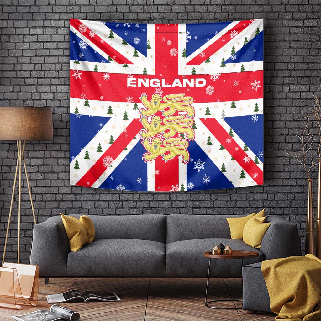 England Christmas Tapestry with Red White Blue Santa Bus Tree and Three Lions Design - Wonder Print Shop