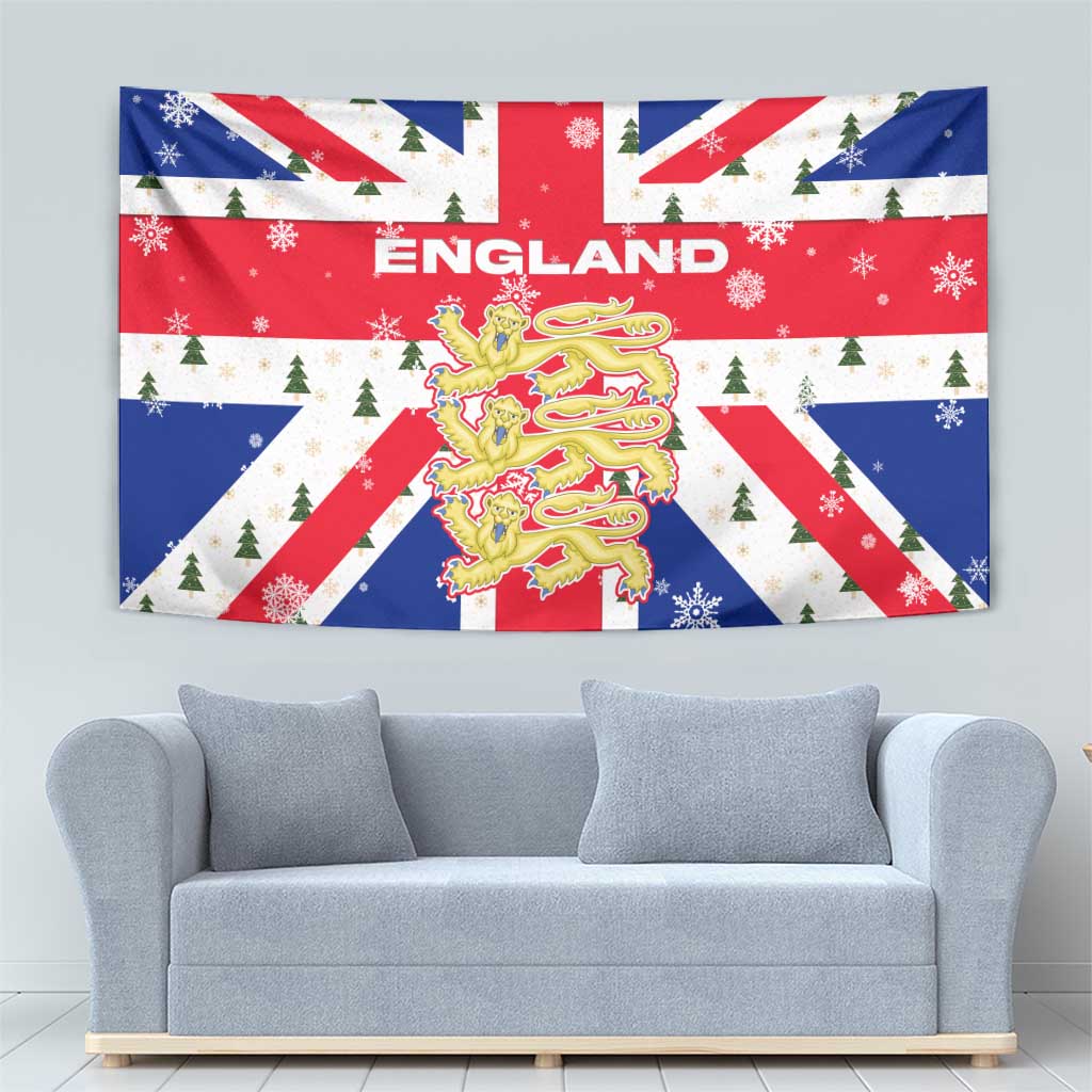 England Christmas Tapestry with Red White Blue Santa Bus Tree and Three Lions Design - Wonder Print Shop