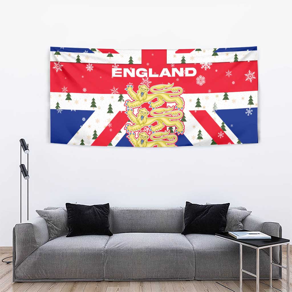 England Christmas Tapestry with Red White Blue Santa Bus Tree and Three Lions Design - Wonder Print Shop
