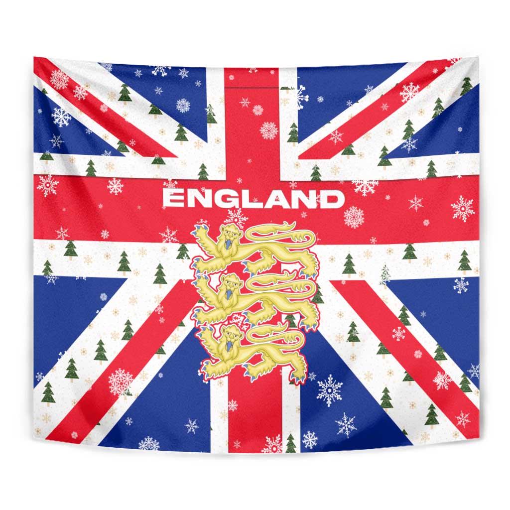 England Christmas Tapestry with Red White Blue Santa Bus Tree and Three Lions Design - Wonder Print Shop