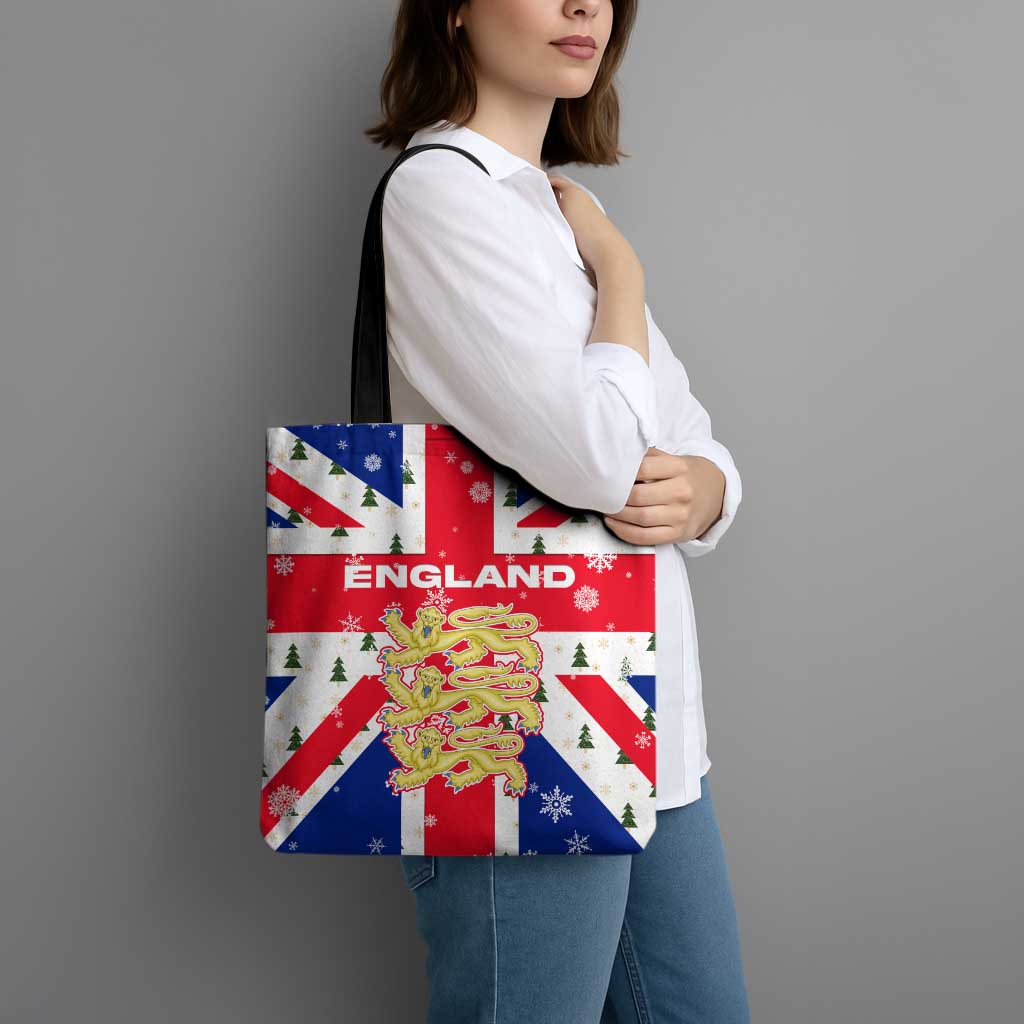 England Christmas Tote Bag with Red White Blue Santa Bus Tree and Three Lions Design - Wonder Print Shop