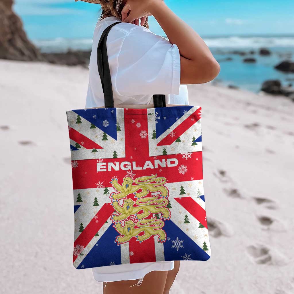 England Christmas Tote Bag with Red White Blue Santa Bus Tree and Three Lions Design - Wonder Print Shop