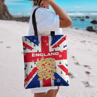 England Christmas Tote Bag with Red White Blue Santa Bus Tree and Three Lions Design - Wonder Print Shop