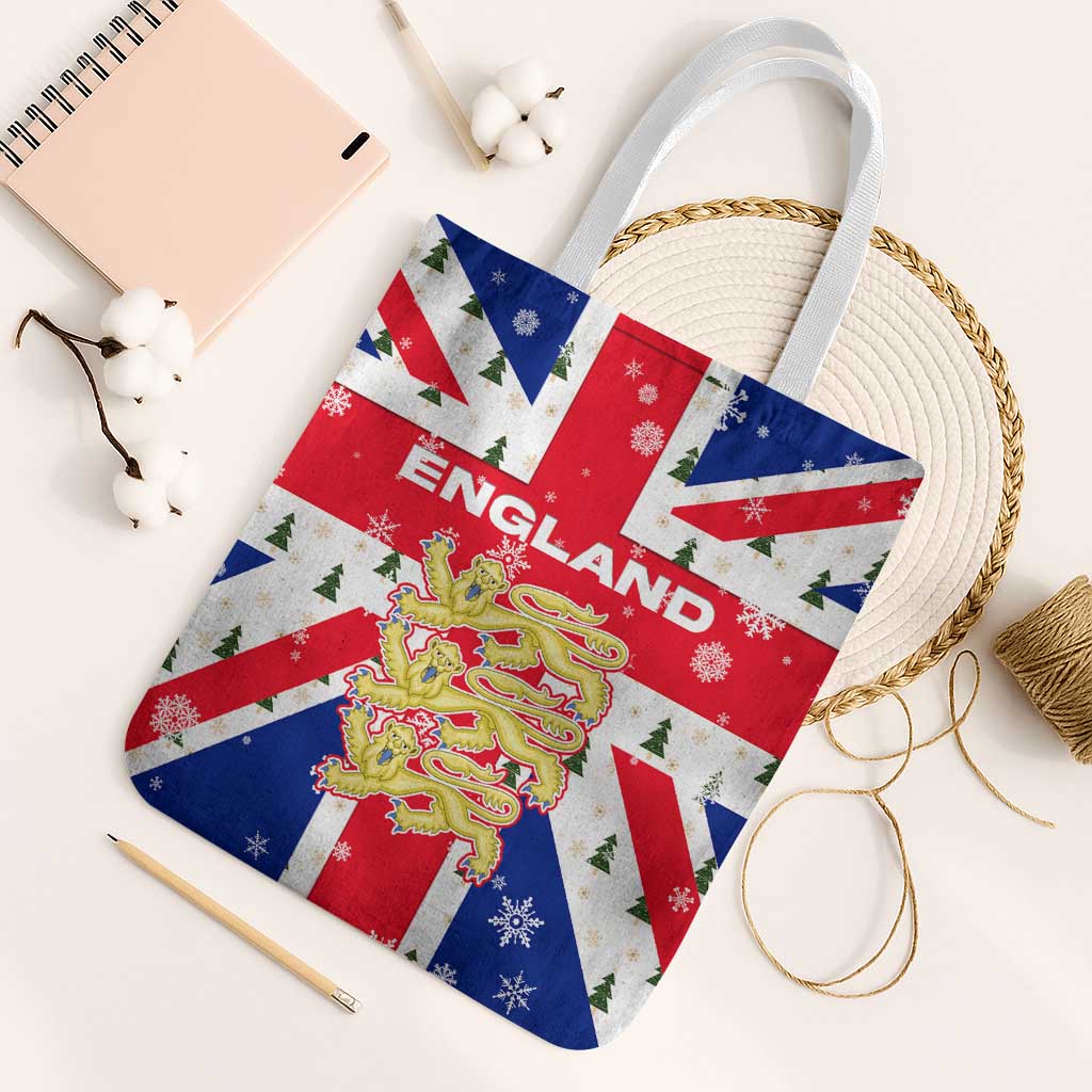England Christmas Tote Bag with Red White Blue Santa Bus Tree and Three Lions Design - Wonder Print Shop