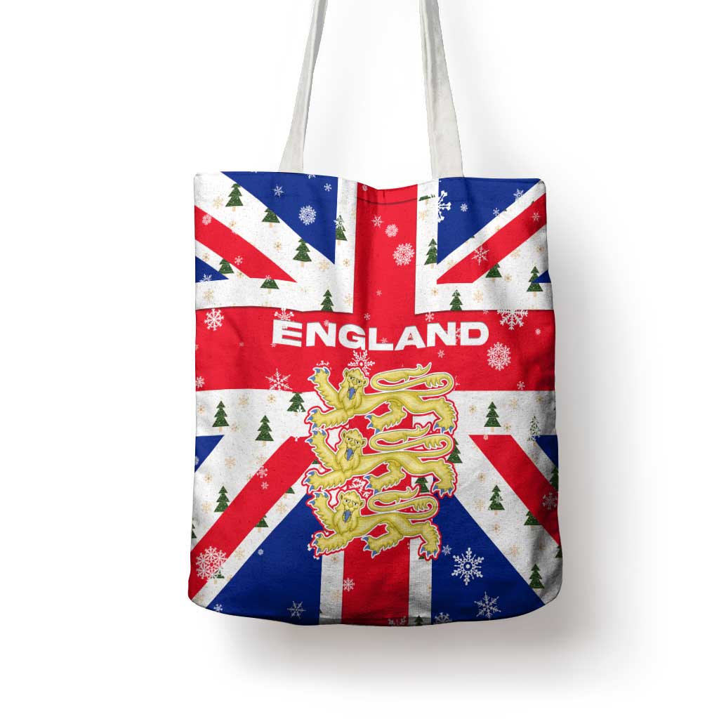 England Christmas Tote Bag with Red White Blue Santa Bus Tree and Three Lions Design - Wonder Print Shop