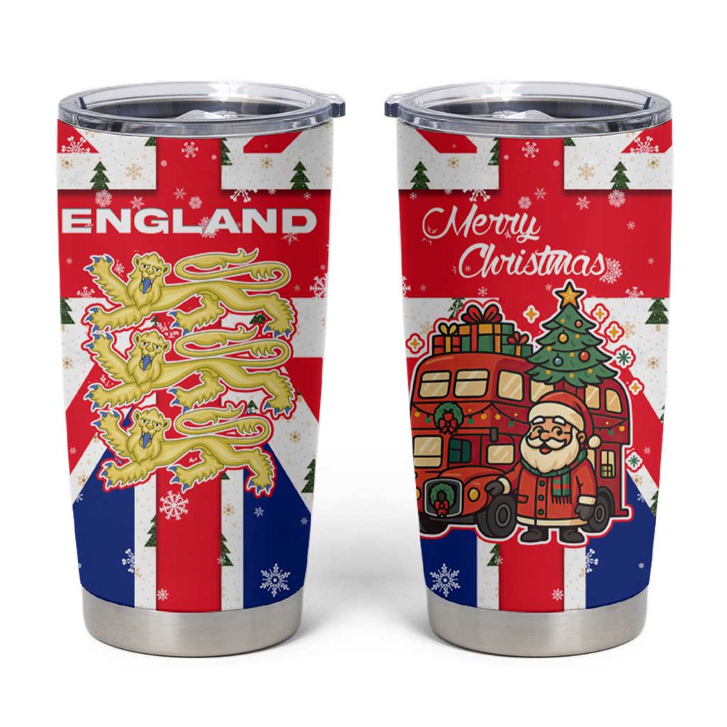 England Christmas Tumbler Cup with Red White Blue Santa Bus Tree and Three Lions Design - Wonder Print Shop