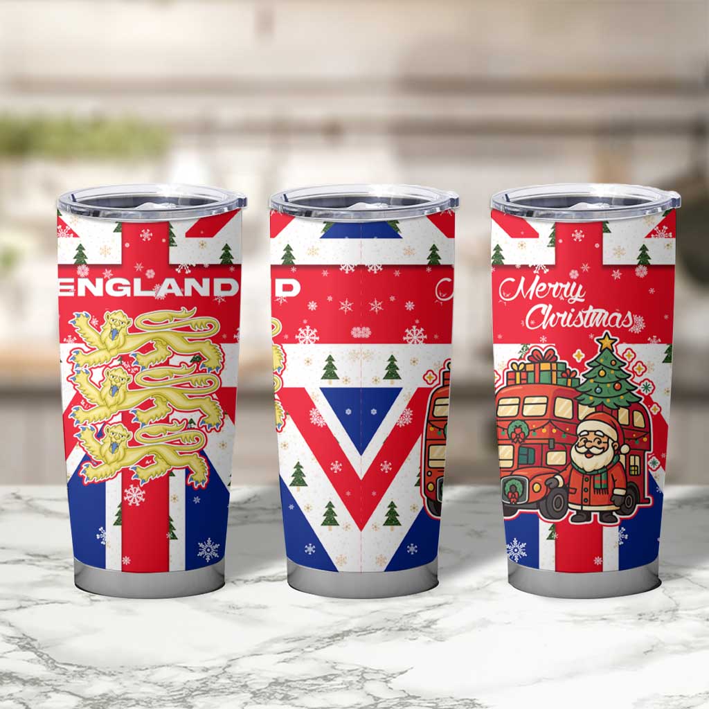 England Christmas Tumbler Cup with Red White Blue Santa Bus Tree and Three Lions Design - Wonder Print Shop