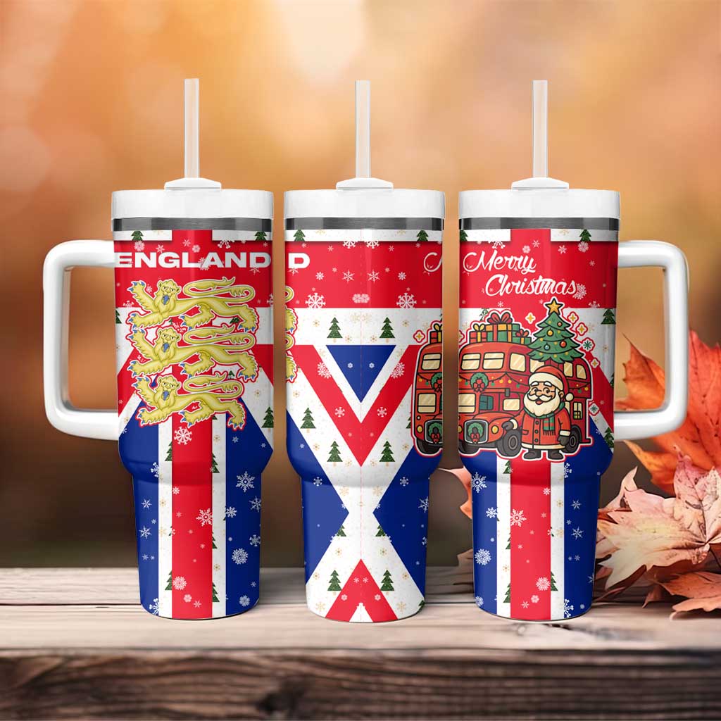 England Christmas Tumbler With Handle with Red White Blue Santa Bus Tree and Three Lions Design - Wonder Print Shop