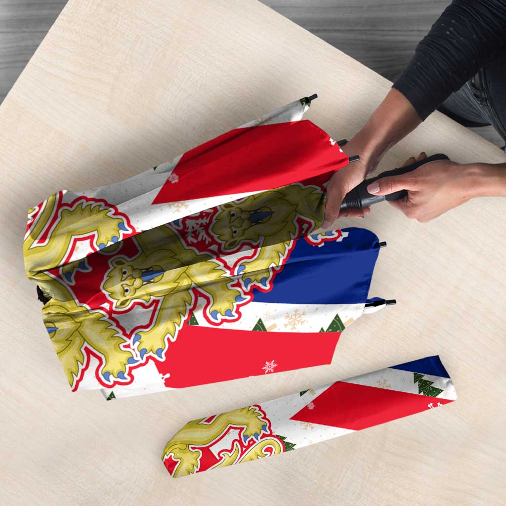 England Christmas Umbrella with Red White Blue Santa Bus Tree and Three Lions Design - Wonder Print Shop
