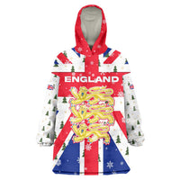England Christmas Wearable Blanket Hoodie with Red White Blue Santa Bus Tree and Three Lions Design - Wonder Print Shop