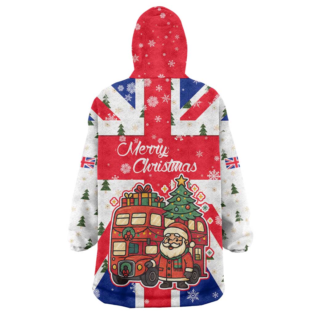 England Christmas Wearable Blanket Hoodie with Red White Blue Santa Bus Tree and Three Lions Design - Wonder Print Shop