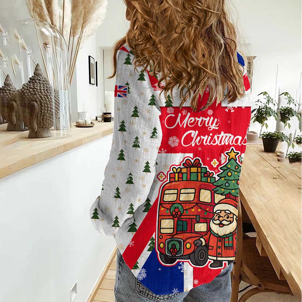 England Christmas Women Casual Shirt with Red White Blue Santa Bus Tree and Three Lions Design - Wonder Print Shop