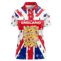 England Christmas Women Polo Shirt with Red White Blue Santa Bus Tree and Three Lions Design - Wonder Print Shop