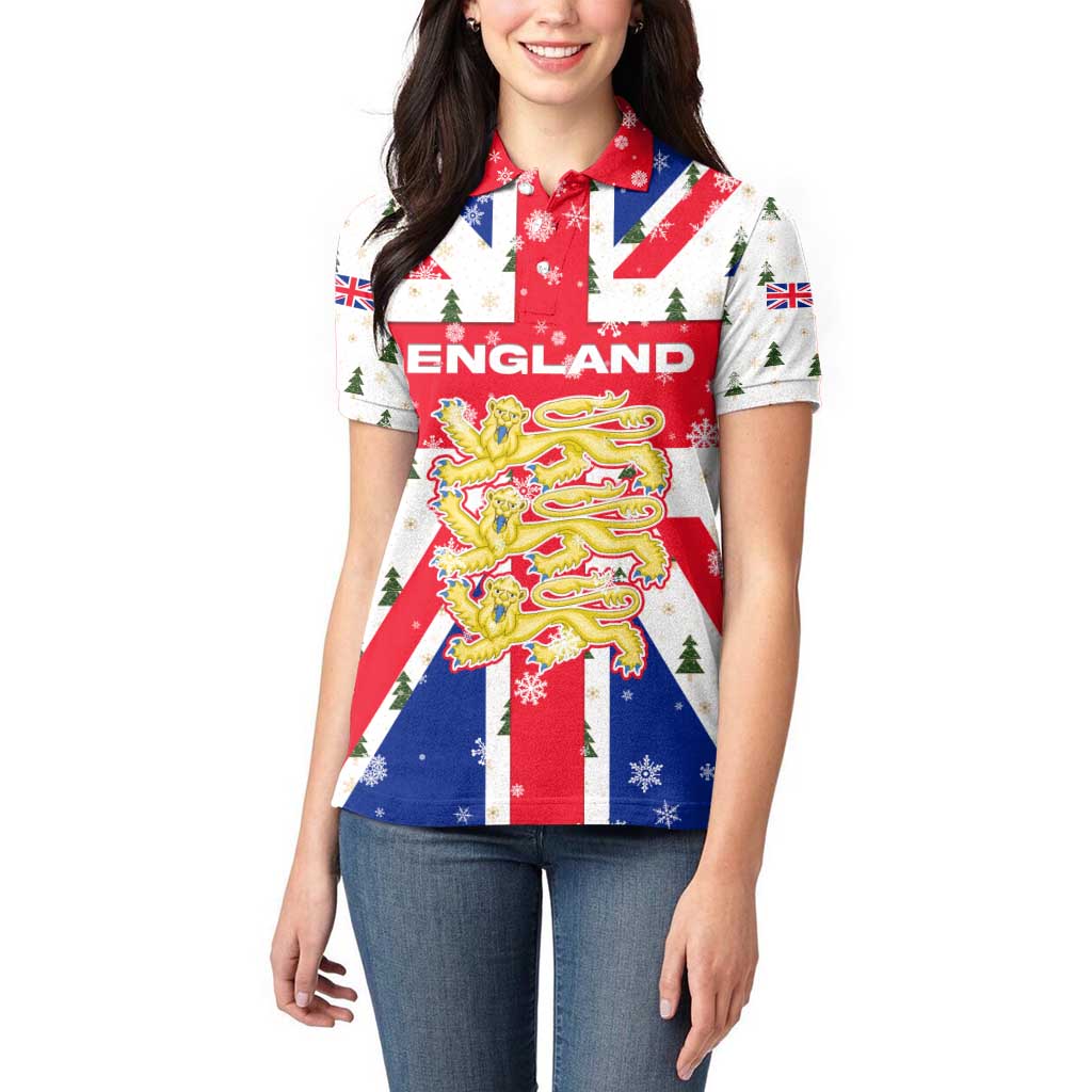 England Christmas Women Polo Shirt with Red White Blue Santa Bus Tree and Three Lions Design - Wonder Print Shop