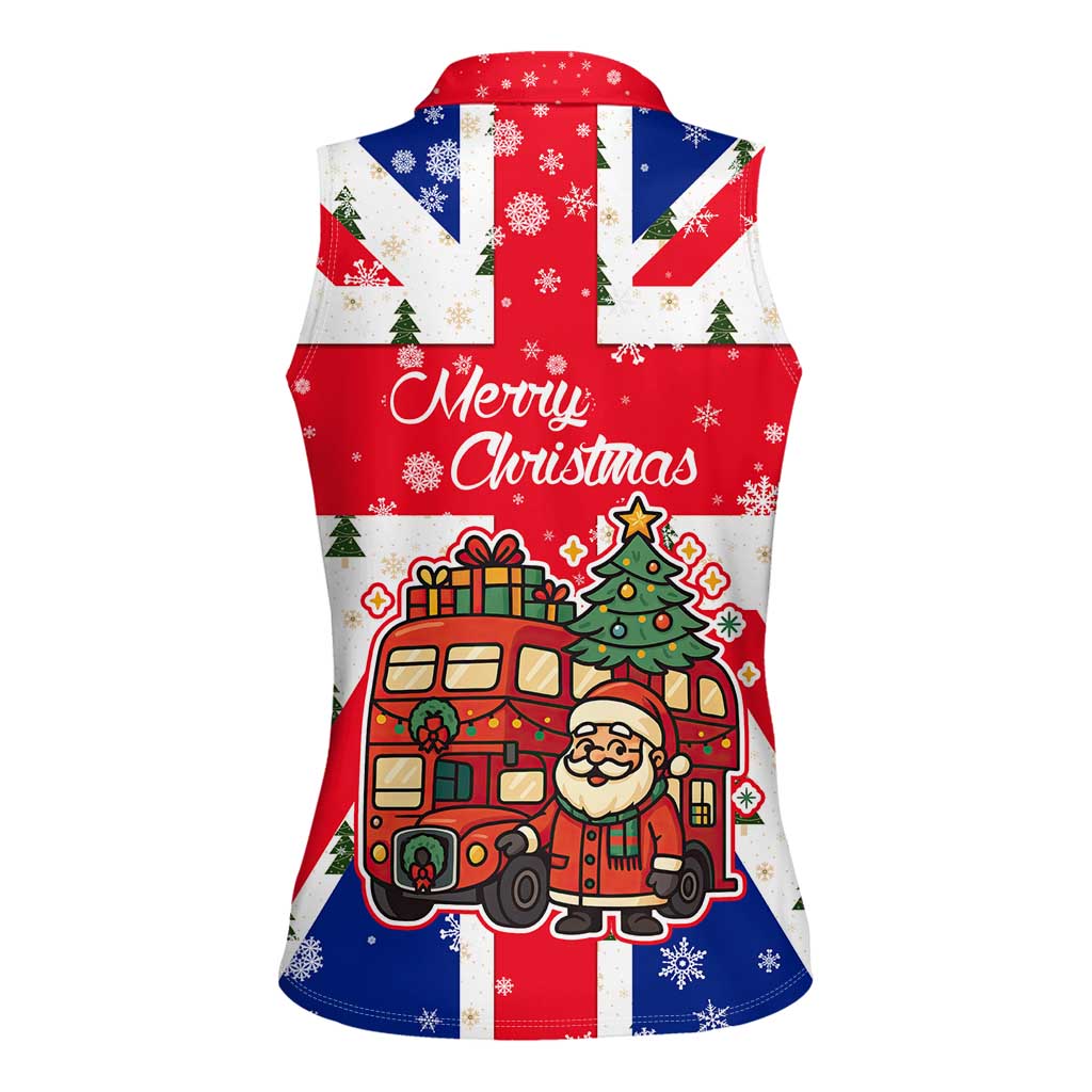 England Christmas Women Sleeveless Polo Shirt with Red White Blue Santa Bus Tree and Three Lions Design - Wonder Print Shop