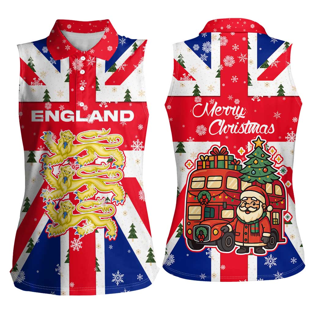 England Christmas Women Sleeveless Polo Shirt with Red White Blue Santa Bus Tree and Three Lions Design - Wonder Print Shop