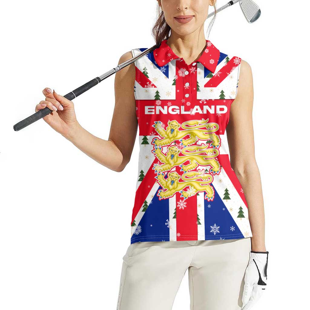England Christmas Women Sleeveless Polo Shirt with Red White Blue Santa Bus Tree and Three Lions Design - Wonder Print Shop