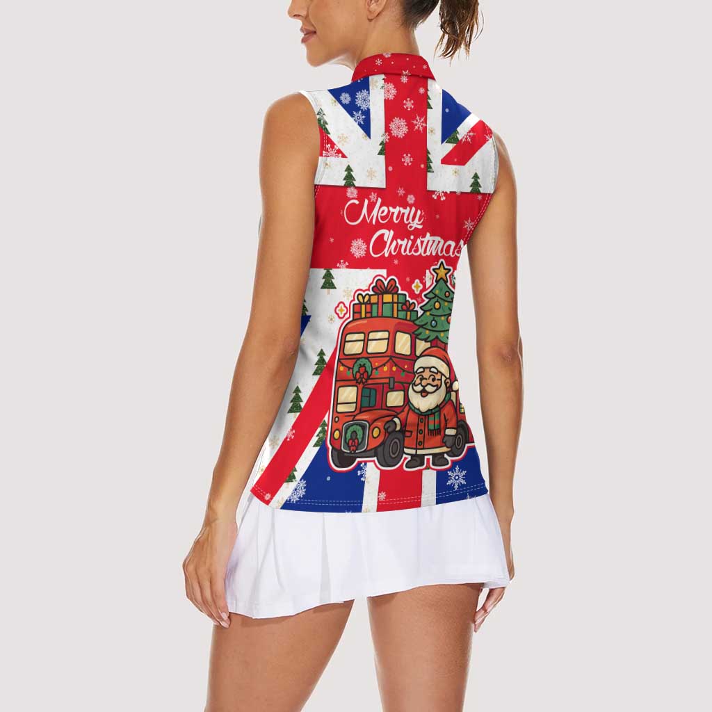 England Christmas Women Sleeveless Polo Shirt with Red White Blue Santa Bus Tree and Three Lions Design - Wonder Print Shop
